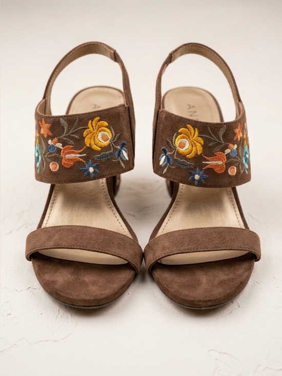 Anne Klein Shoes - Brown Suede Floral Embroidered Women's Sandals